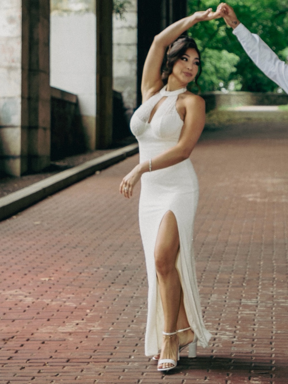 Oh Polly White Strapless Beaded Halter Evening Gown with Thigh Slit - Picture 5 of 6